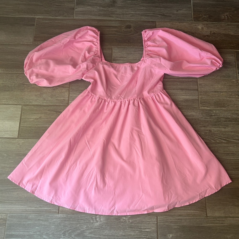 SHEIN Pink Puff Sleeve Babydoll Mini Dress Square Neck Cottagecore Womens Size S